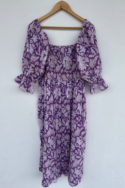 Purple Floral Shirred Cotton Dress | Boho Summer Women Wear