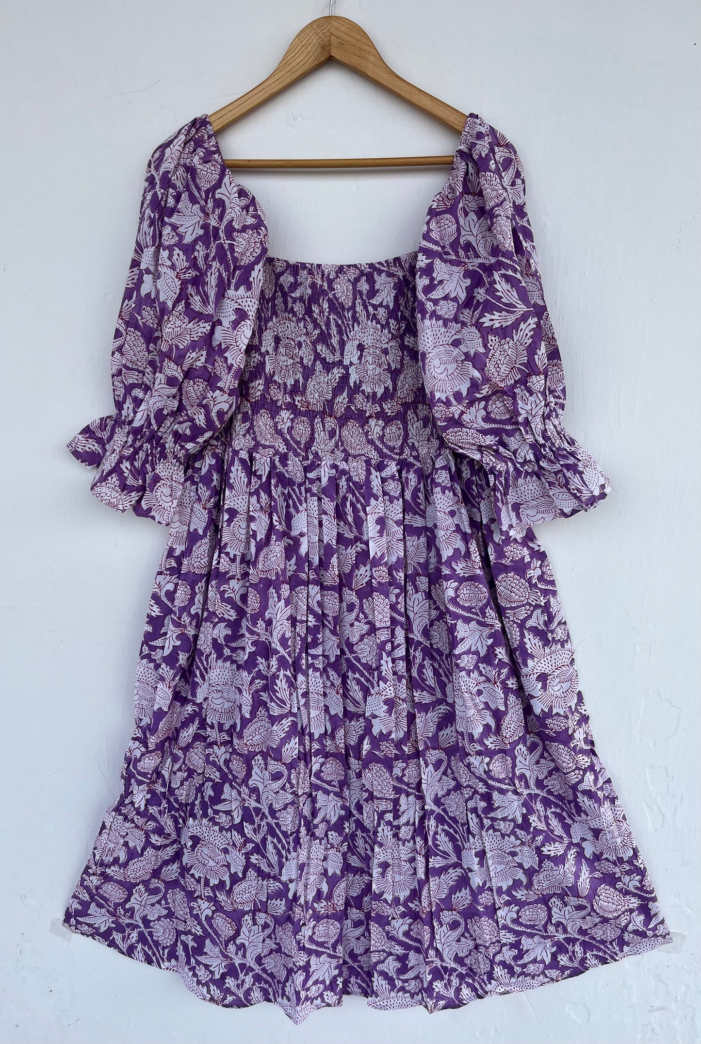 Purple Floral Shirred Cotton Dress | Boho Summer Women Wear