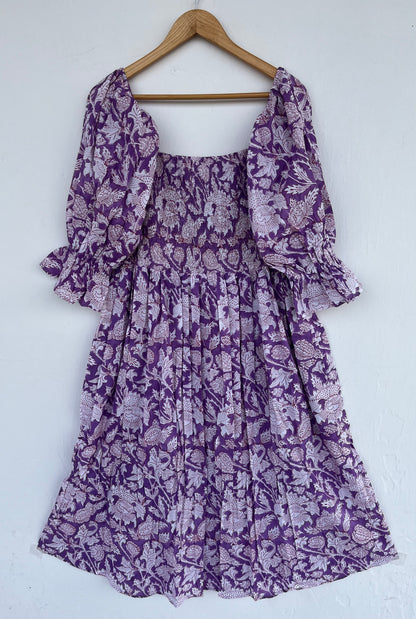 Purple Floral Shirred Cotton Dress | Boho Summer Women Wear