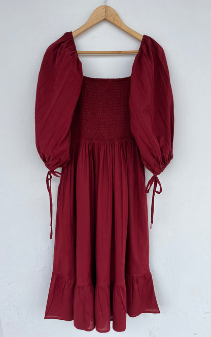 Wine Red Cotton Smocked Maxi Dress | Bridesmaid Dress | Long Partywear Outfit
