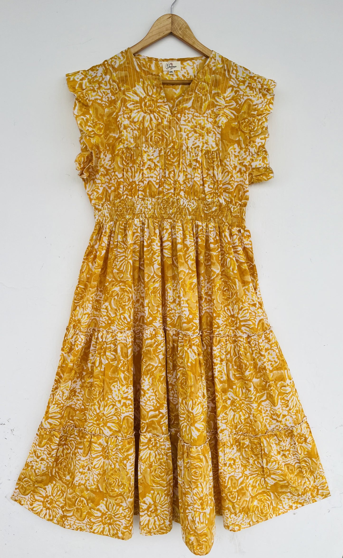 Yellow Floral Print Handmade Dress | Smocked Bodice Summer Boho Dress | Vacation Dress