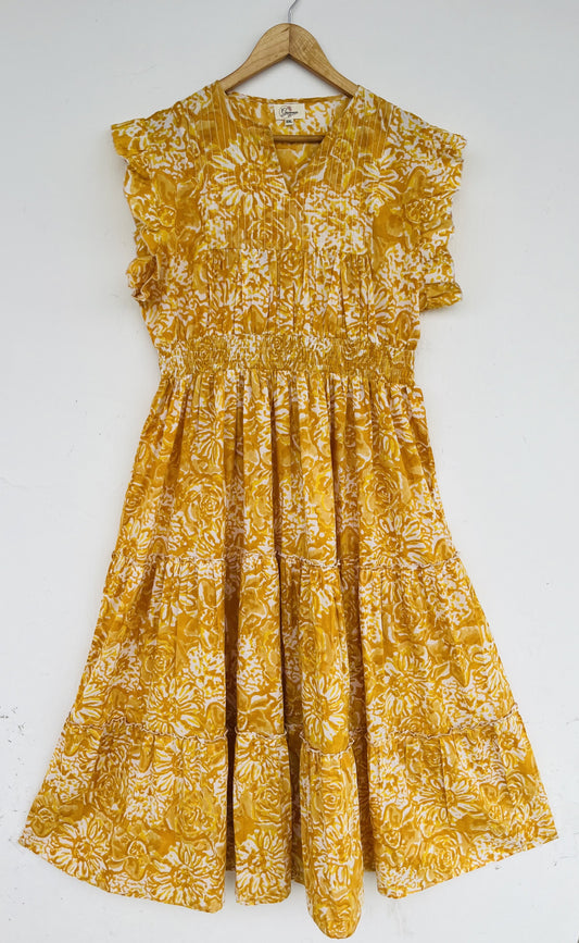 Yellow Floral Print Handmade Dress | Smocked Bodice Summer Boho Dress | Vacation Dress