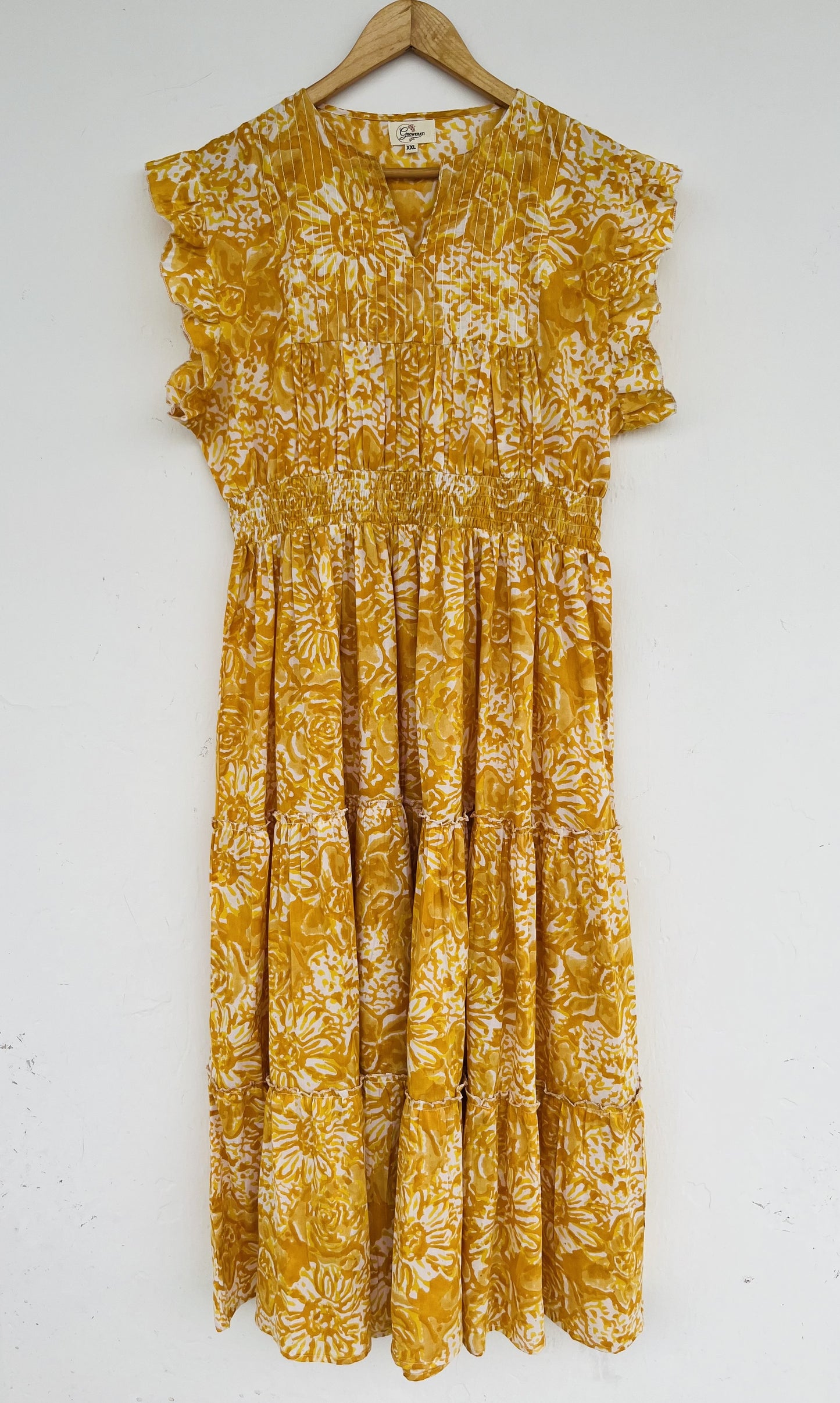 Yellow Floral Print Handmade Dress | Smocked Bodice Summer Boho Dress | Vacation Dress