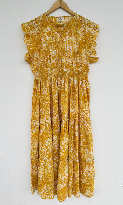 Yellow Floral Print Handmade Dress | Smocked Bodice Summer Boho Dress | Vacation Dress