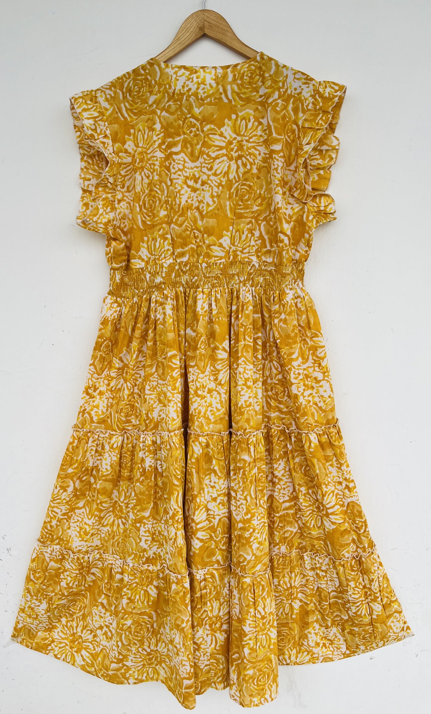 Yellow Floral Print Handmade Dress | Smocked Bodice Summer Boho Dress | Vacation Dress