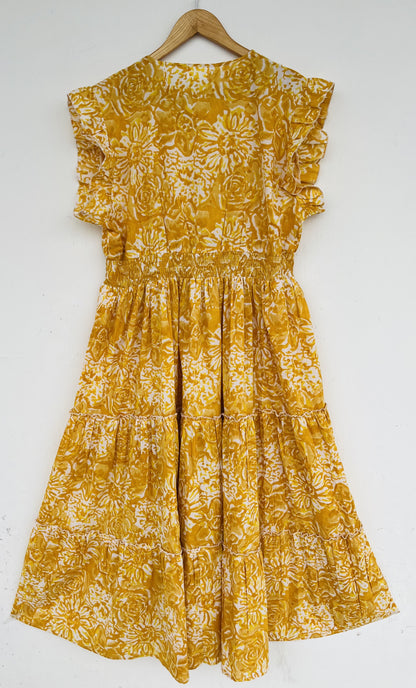 Yellow Floral Print Handmade Dress | Smocked Bodice Summer Boho Dress | Vacation Dress
