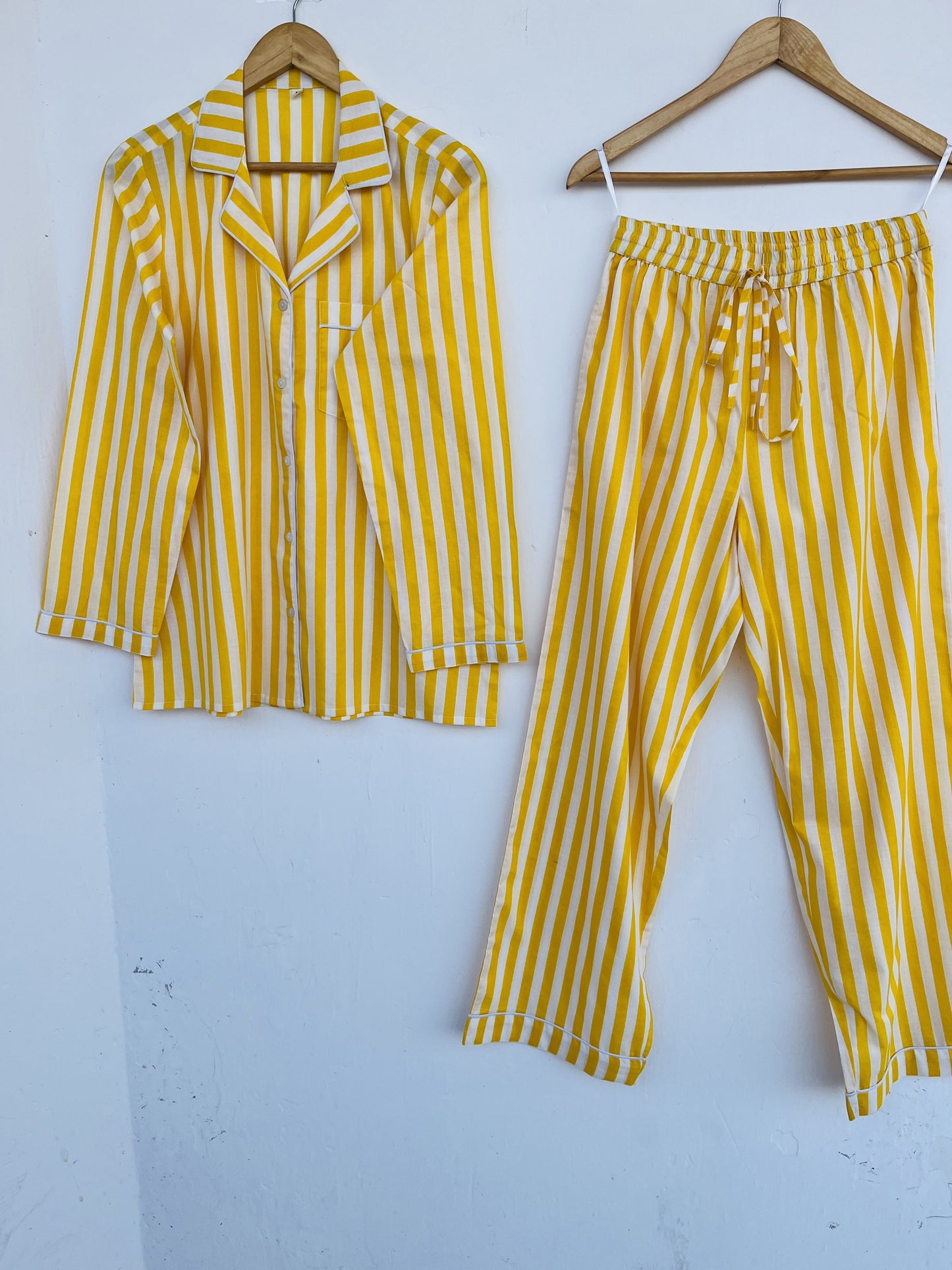Yellow Striped Cotton Pajama Set for Women | Sleepwear Set | Sleepwear Set Night Suit