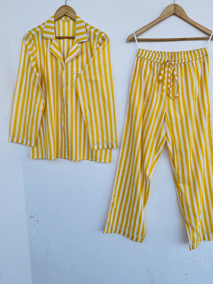 Yellow Striped Cotton Pajama Set for Women | Sleepwear Set | Sleepwear Set Night Suit