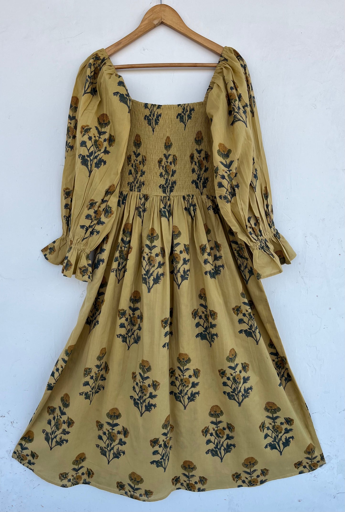 Beige Floral Shirred Long Maxi Dress | Flared Partywear Women | Hippie Outwear