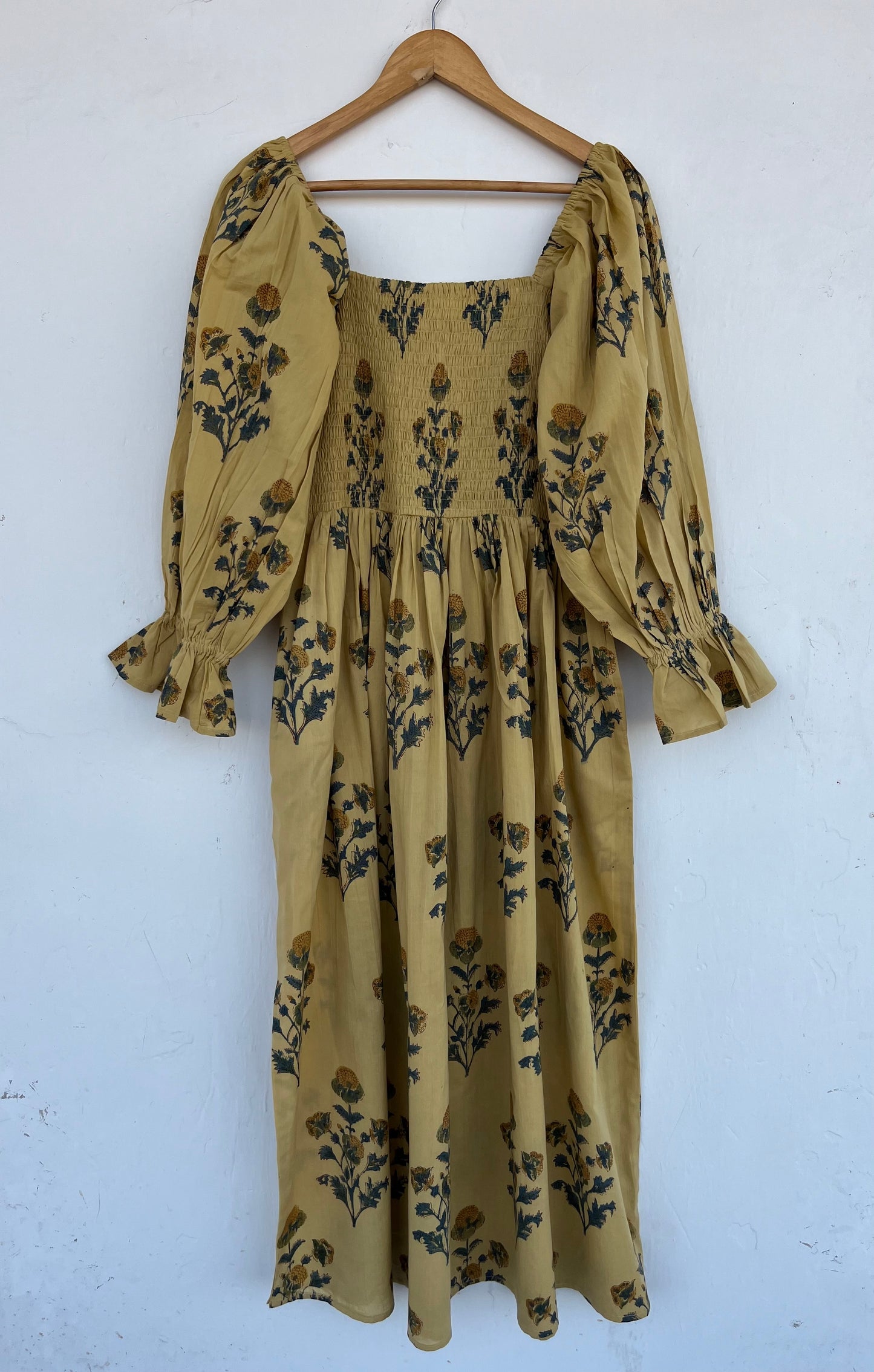 Beige Floral Shirred Long Maxi Dress | Flared Partywear Women | Hippie Outwear