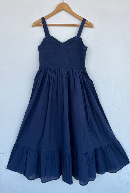 Navy Blue Smocked Maxi Dress | Minimalist Sleeveless Summer Cotton Dress
