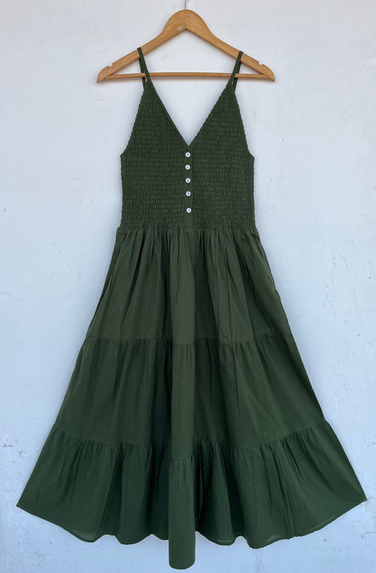 Olive Green Smocked Summer Vacation Outfit for Women | Sleeveless Boho Maxi Dress