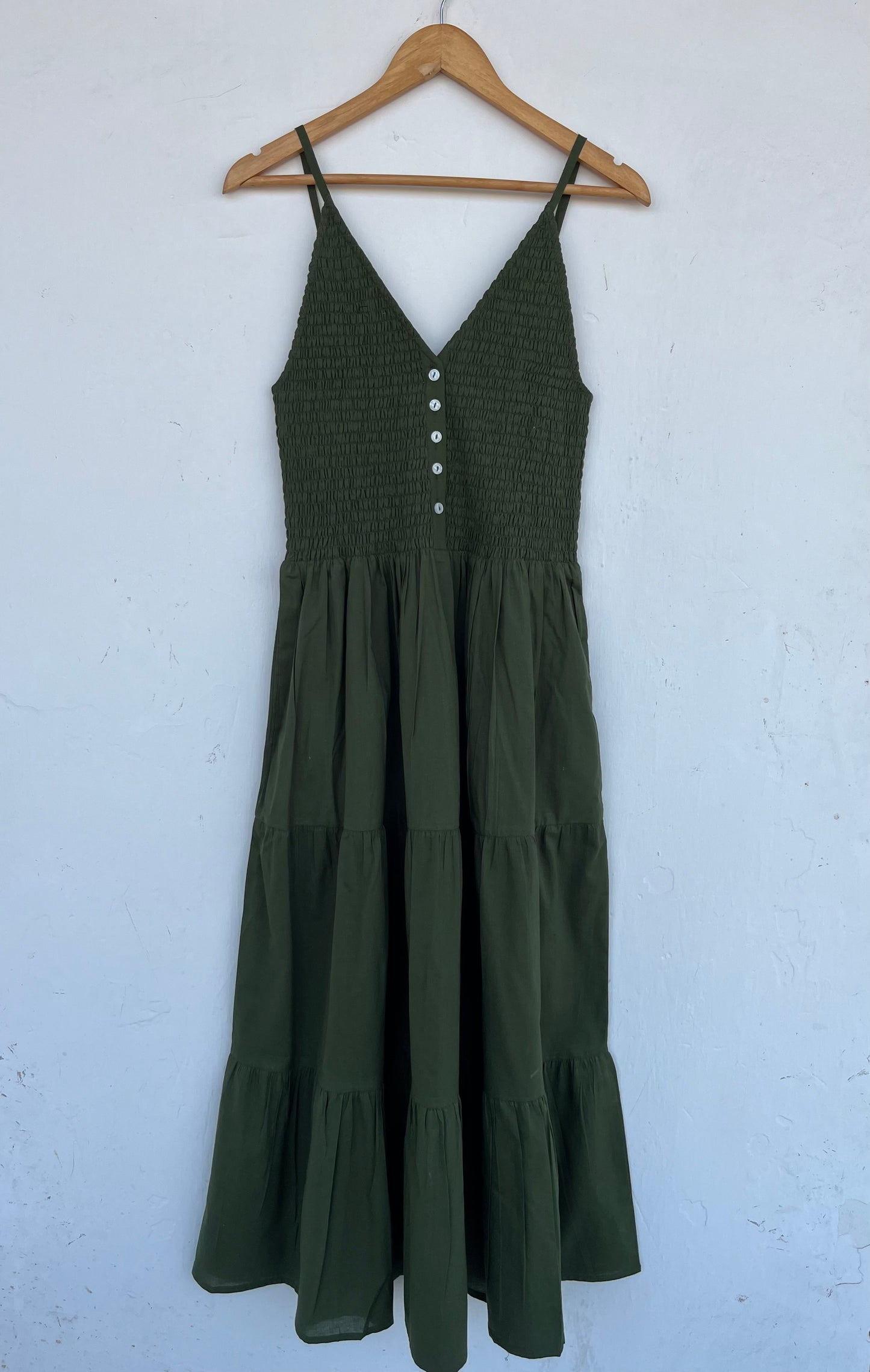 Olive Green Smocked Summer Vacation Outfit for Women | Sleeveless Boho Maxi Dress