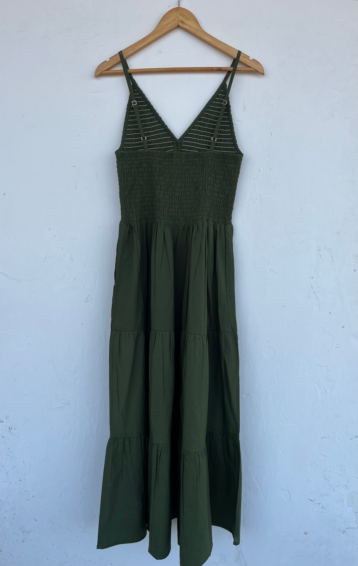 Olive Green Smocked Summer Vacation Outfit for Women | Sleeveless Boho Maxi Dress