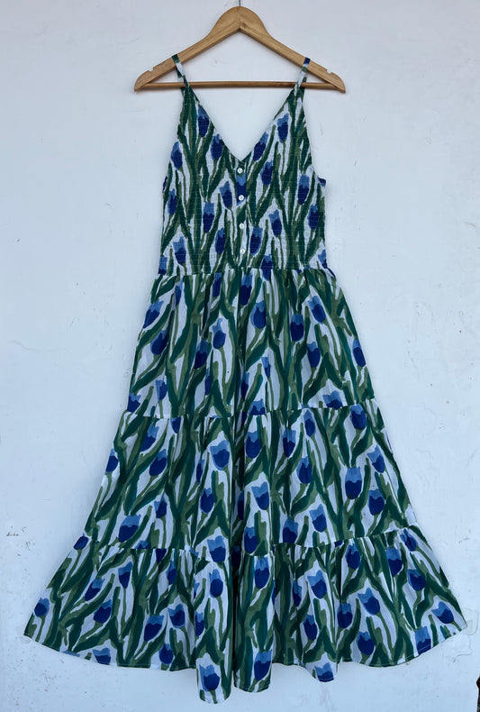 Green Blue Floral Cotton Sundress | Romantic Date Outfit | Gift for Her