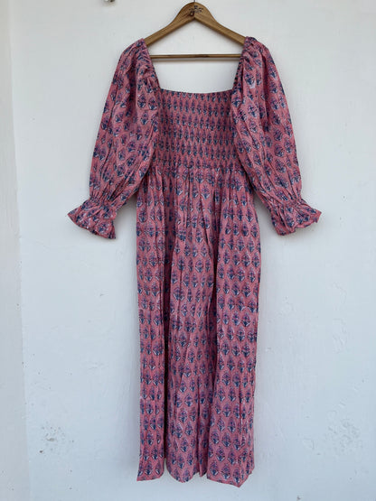 Pink Floral Smocked Cotton Maxi Dress