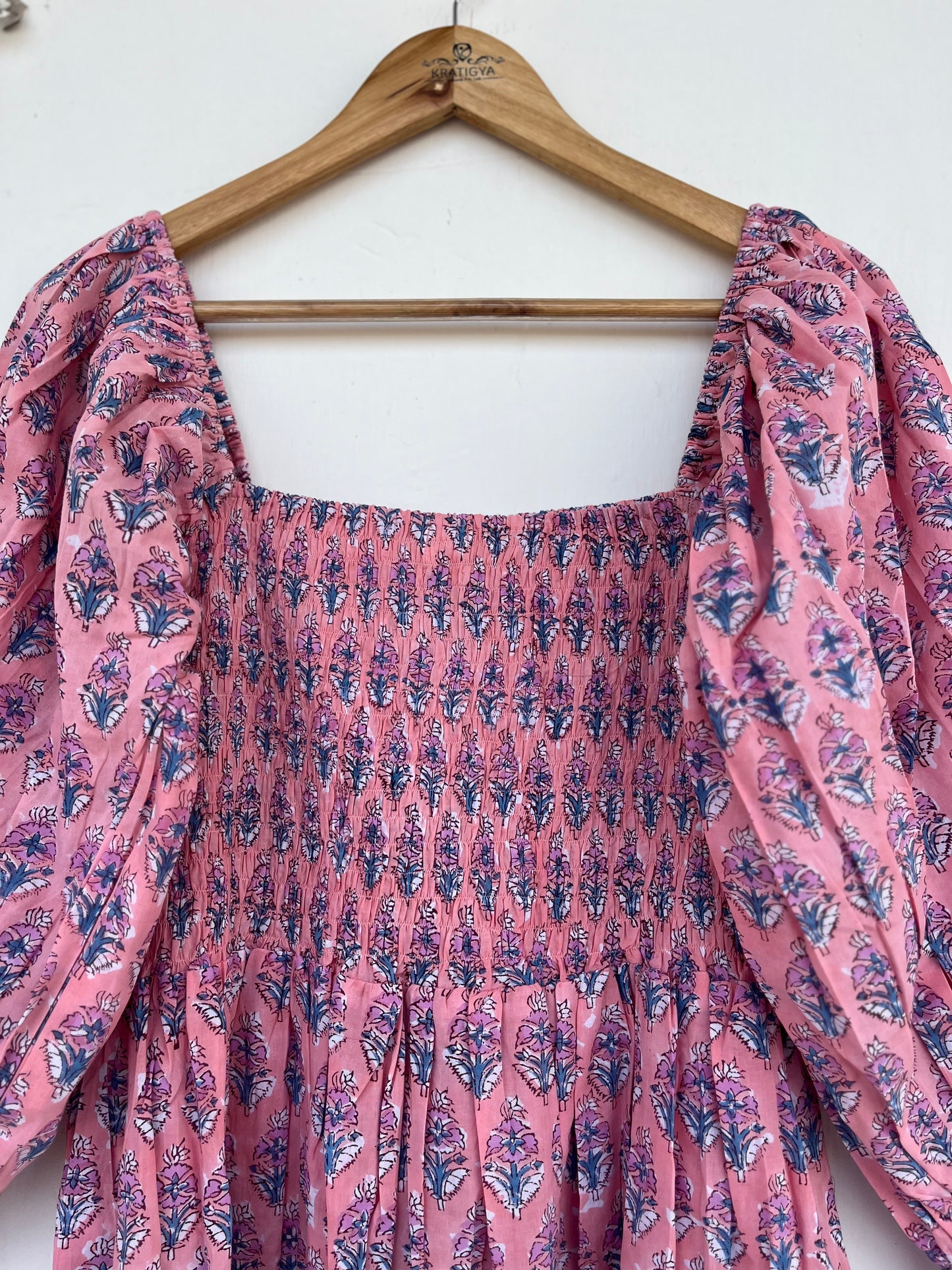 Pink Floral Smocked Cotton Maxi Dress