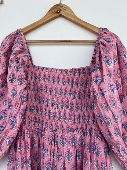 Pink Floral Smocked Cotton Maxi Dress