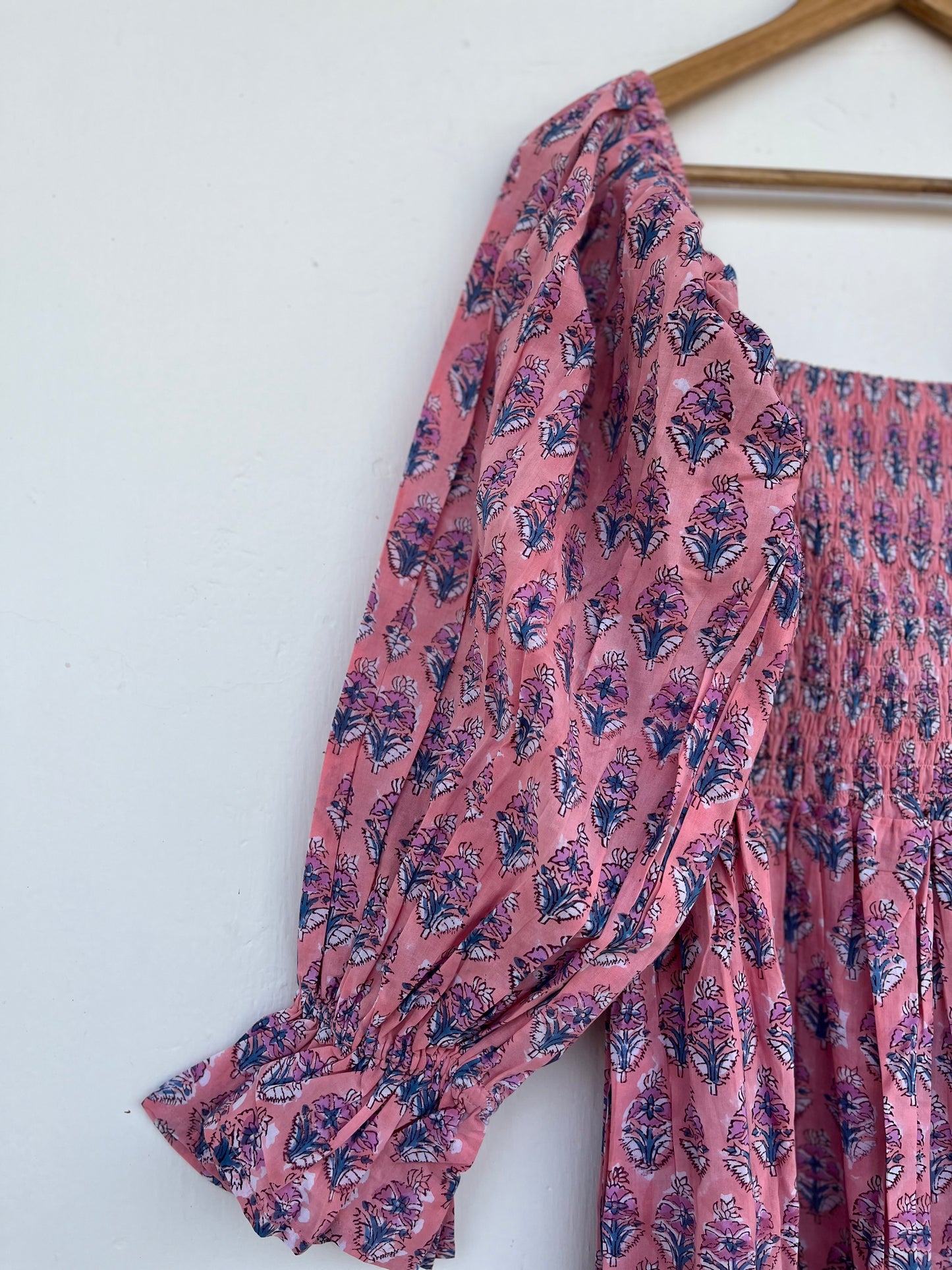 Pink Floral Smocked Cotton Maxi Dress