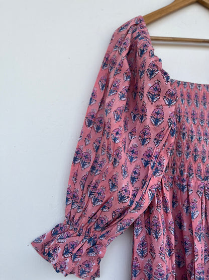 Pink Floral Smocked Cotton Maxi Dress