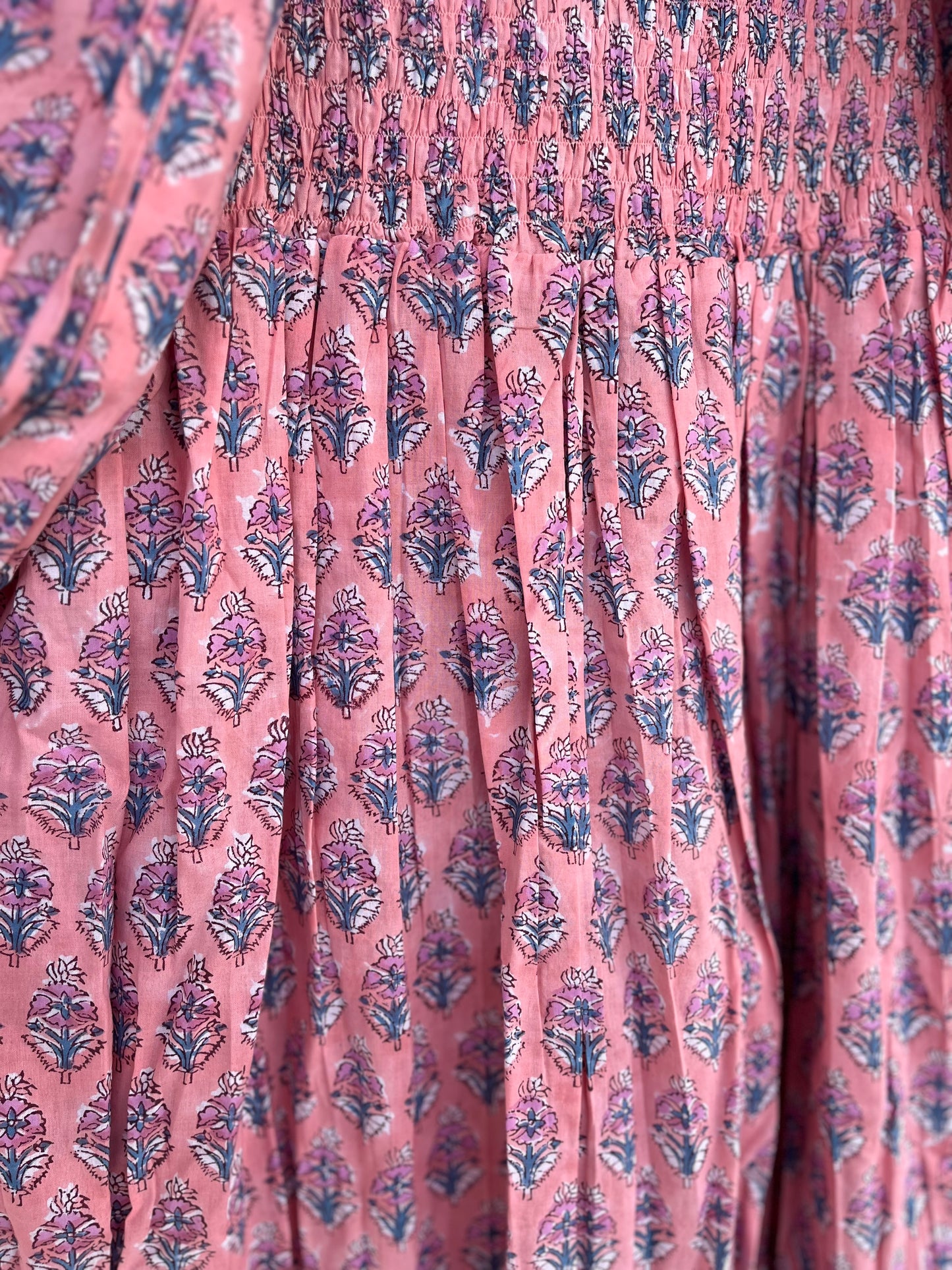 Pink Floral Smocked Cotton Maxi Dress