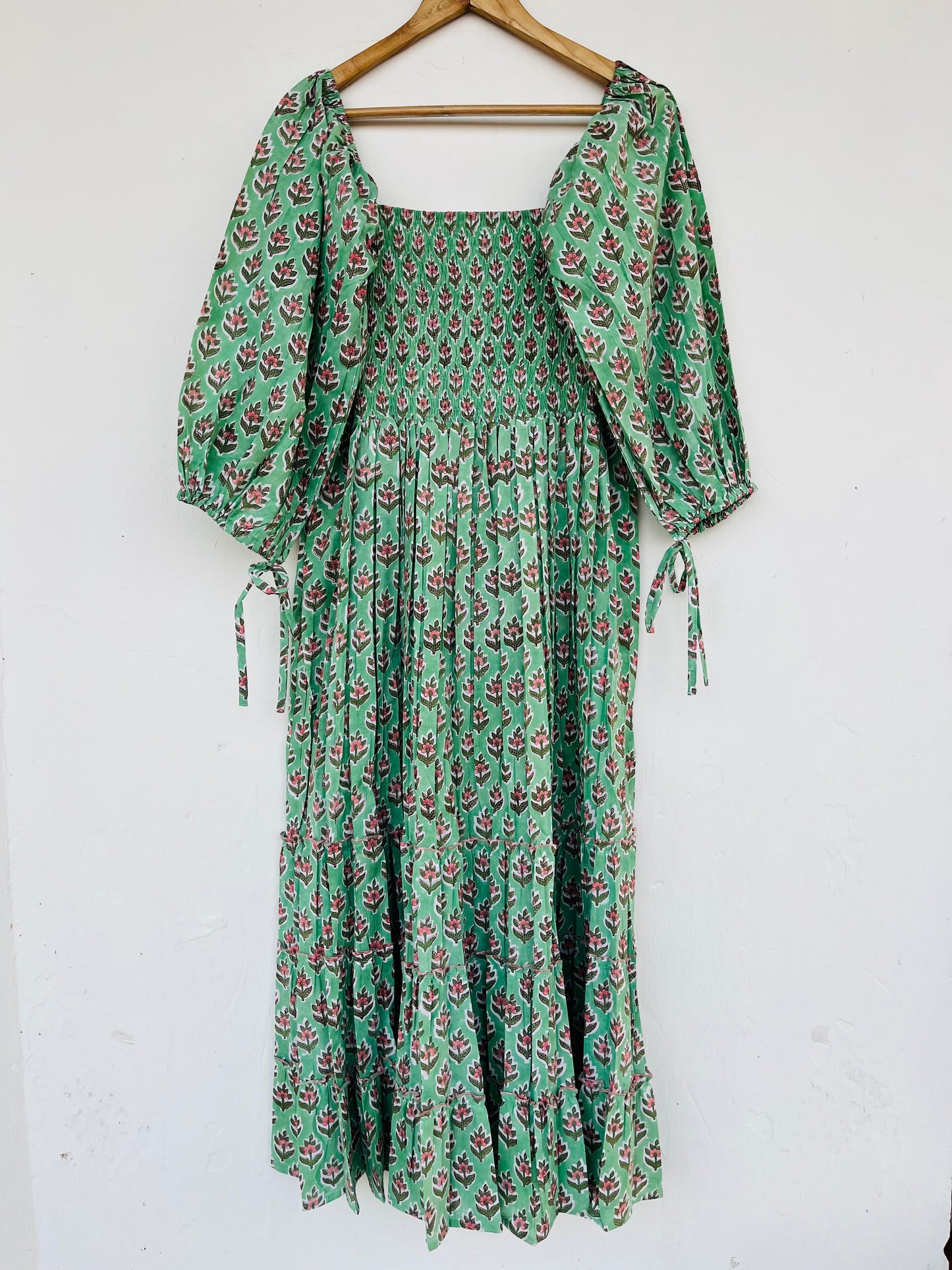 Hand Block Printed Puff Sleeves Tiered Maxi Dress