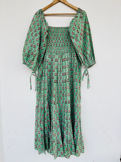 Hand Block Printed Puff Sleeves Tiered Maxi Dress