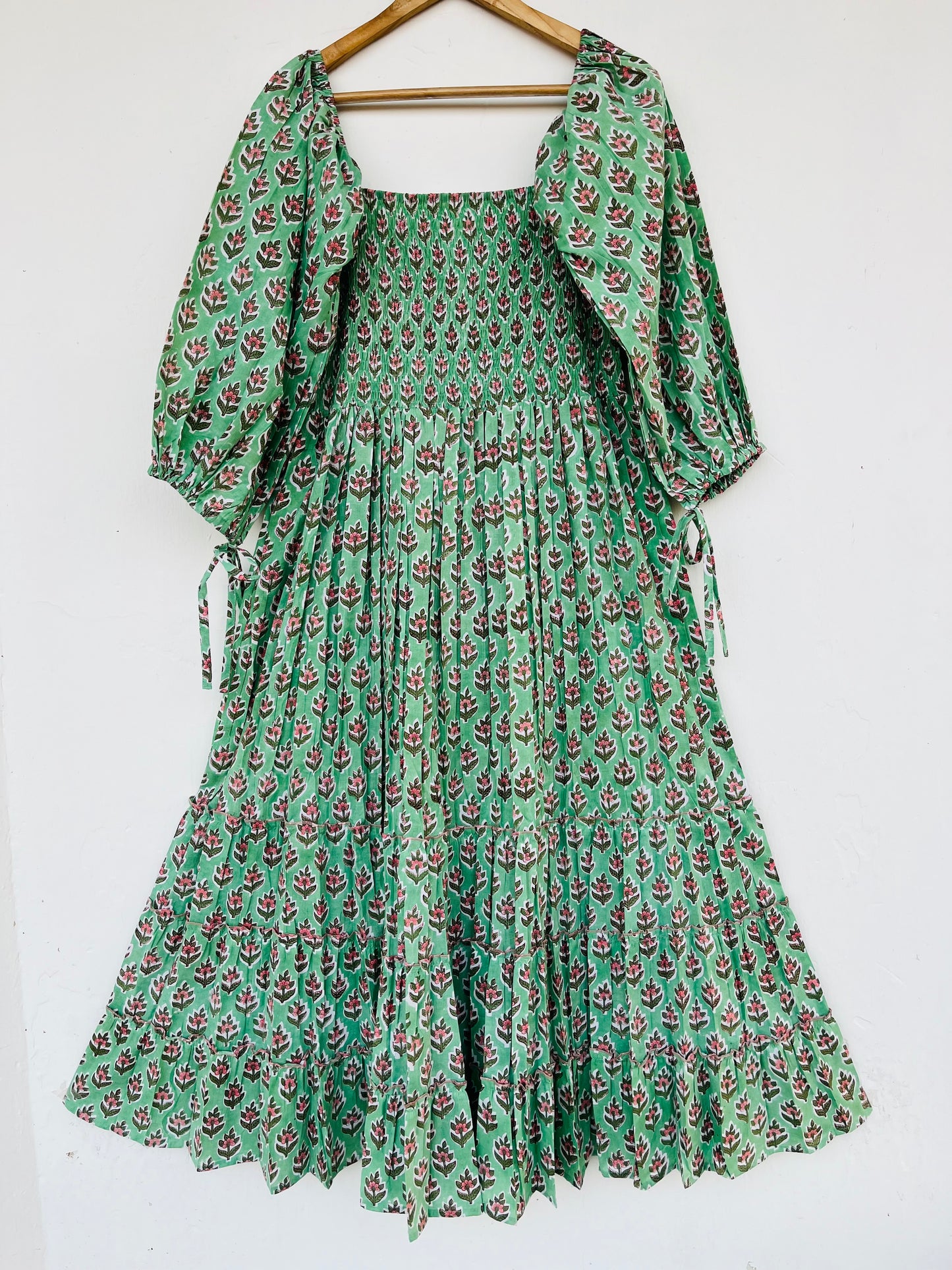Hand Block Printed Puff Sleeves Tiered Maxi Dress