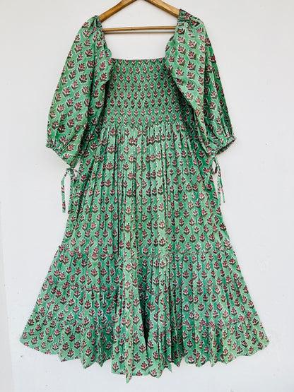 Hand Block Printed Puff Sleeves Tiered Maxi Dress