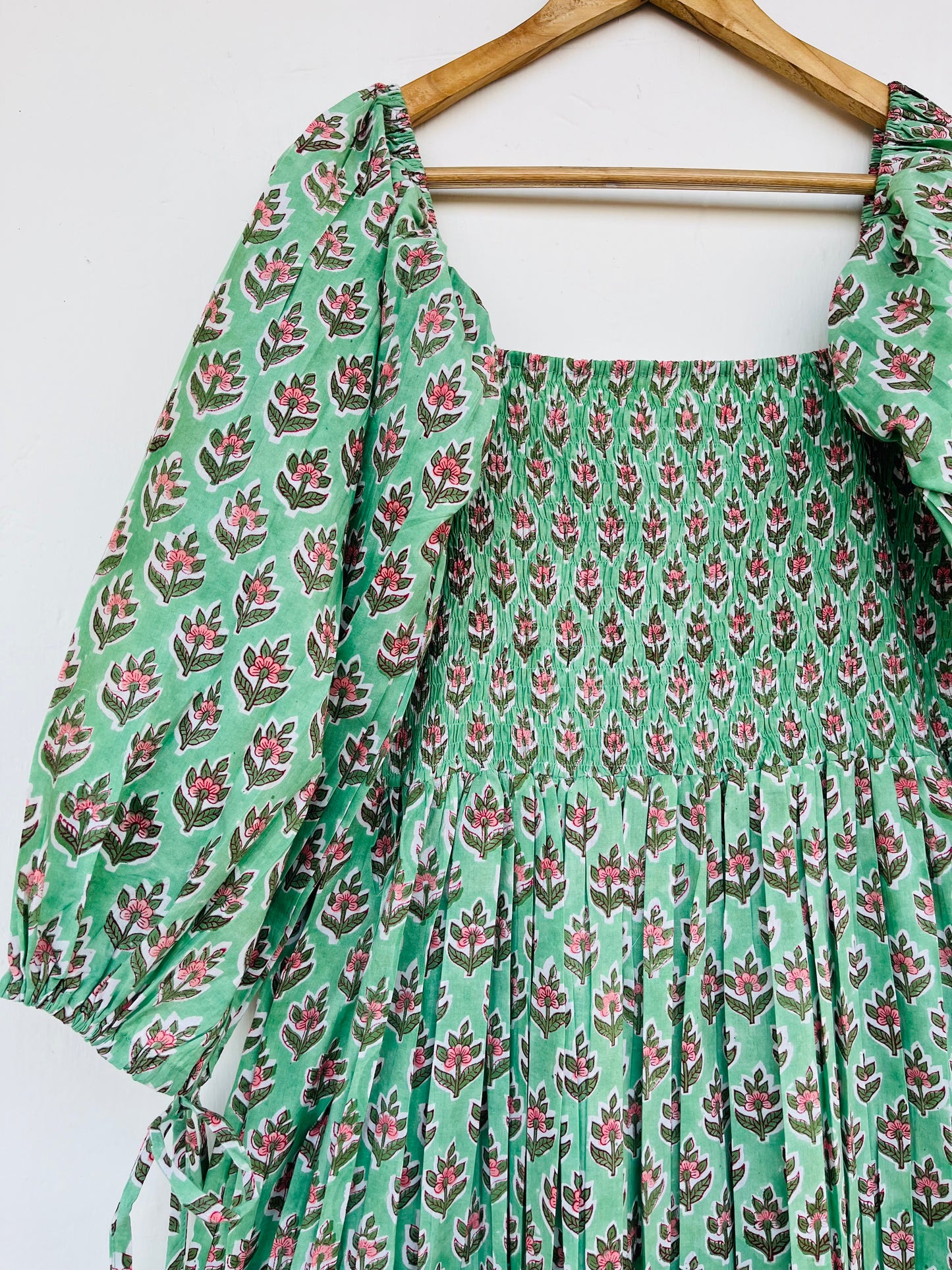 Hand Block Printed Puff Sleeves Tiered Maxi Dress