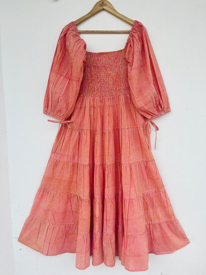 Boho Pink Gingham Smocked Maxi Dress