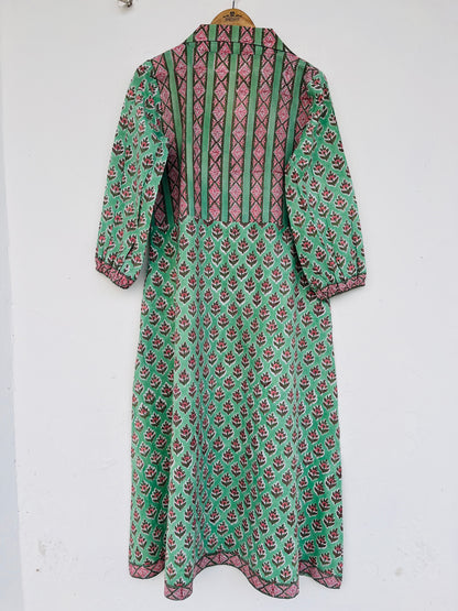 Long Floral Cotton Maxi Dress with Collared Neck