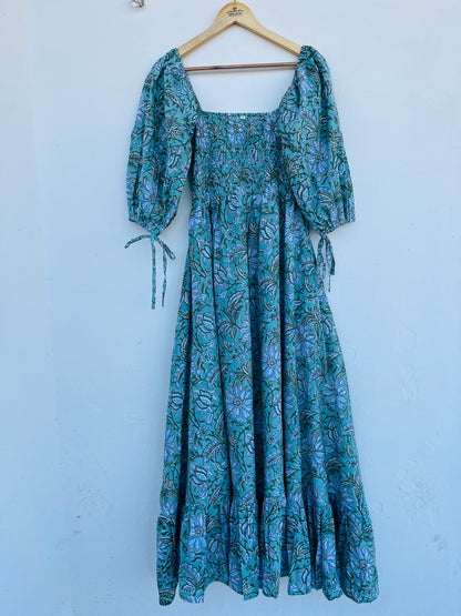 Boho Maxi Dress with Floral Print & Smocked Bodice