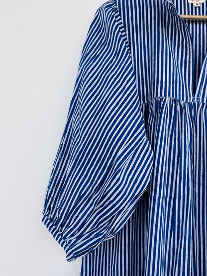 Blue Striped Cotton Maxi Dress with Ruffle Neck