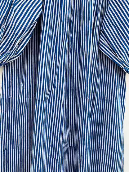 Blue Striped Cotton Maxi Dress with Ruffle Neck