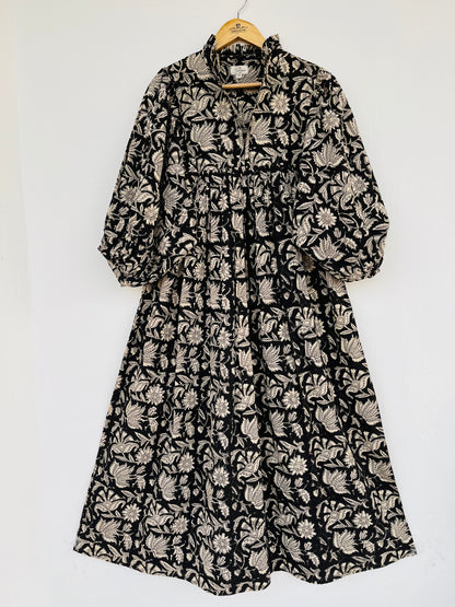 Black Floral Cotton Maxi Dress With Frill Collar