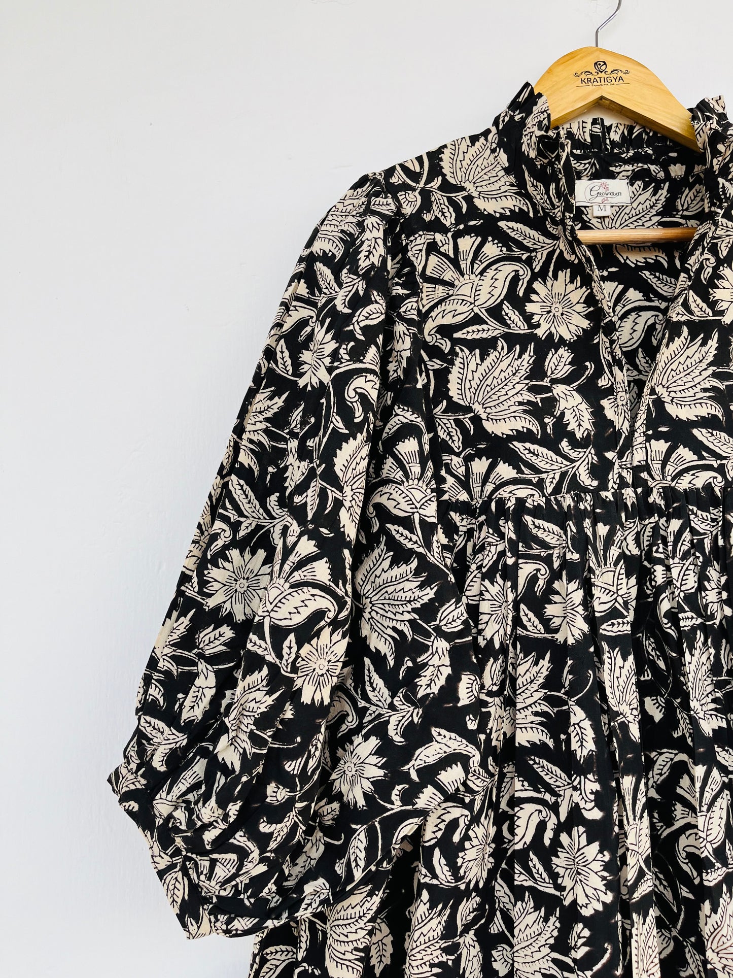 Black Floral Cotton Maxi Dress With Frill Collar