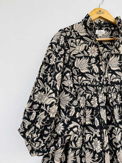 Black Floral Cotton Maxi Dress With Frill Collar