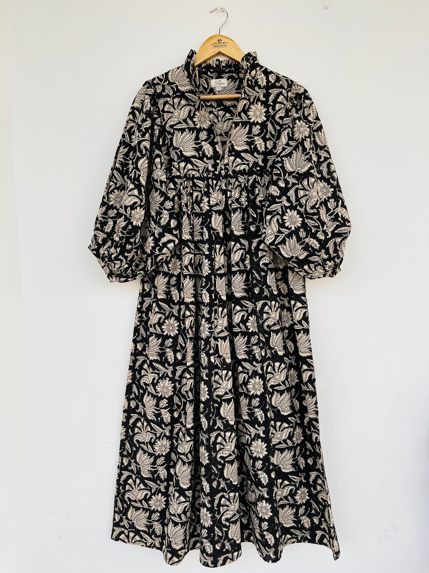 Black Floral Cotton Maxi Dress With Frill Collar