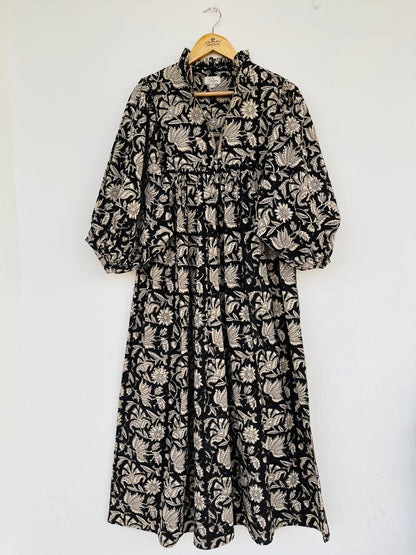 Black Floral Cotton Maxi Dress With Frill Collar