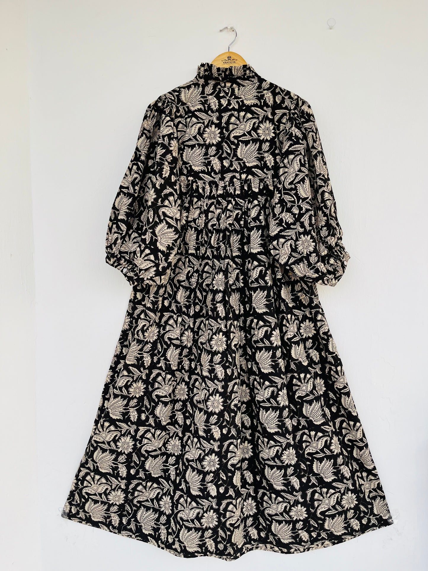 Black Floral Cotton Maxi Dress With Frill Collar