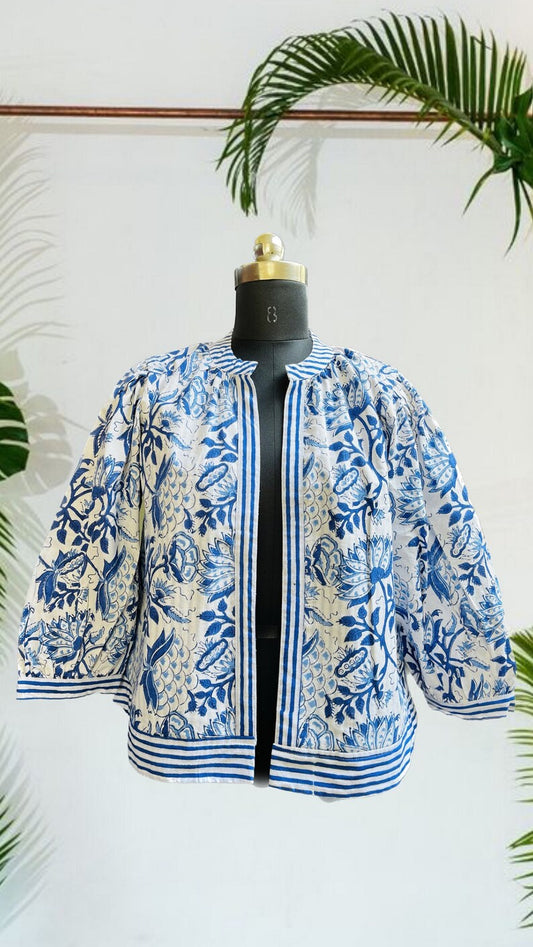 Bohemian Cotton Jacket - Women Floral Printed jacket - Blue Printed Vintage Jackets