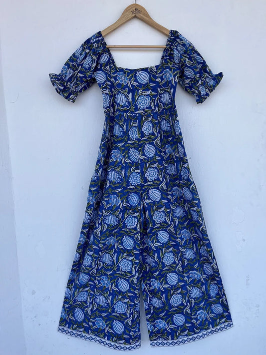 Hand block print jumpsuit | blue floral outfits | floral printed jumpsuit | cotton outfits