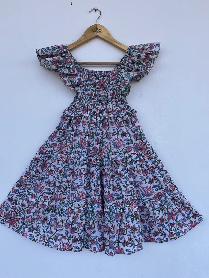 Kids cute cotton maxi dress | floral printed kid dress | girls shirred dress