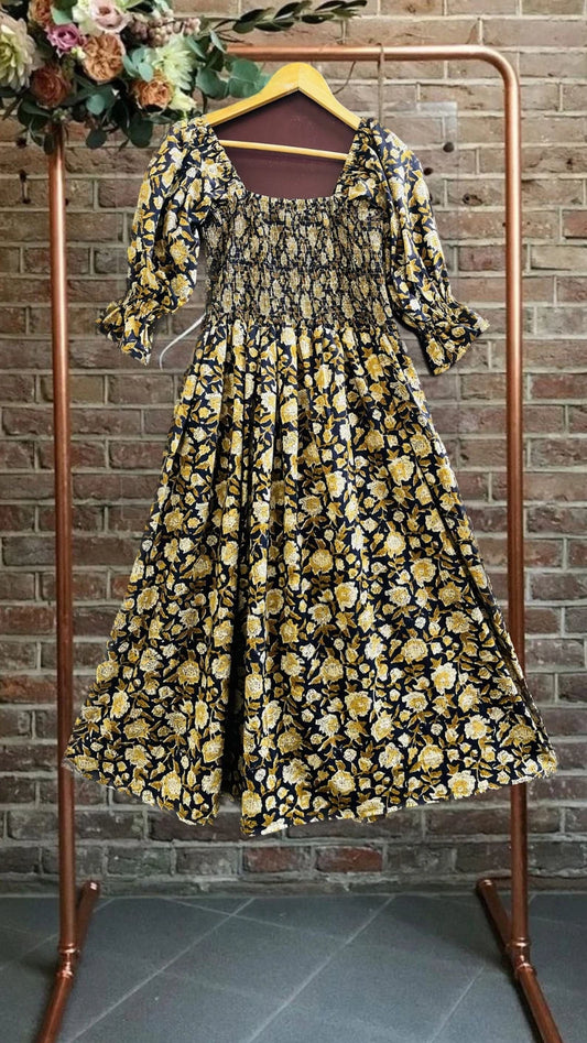 Block print dress | cotton black and yellow printed dress | bohemian midi dress | customised dresses