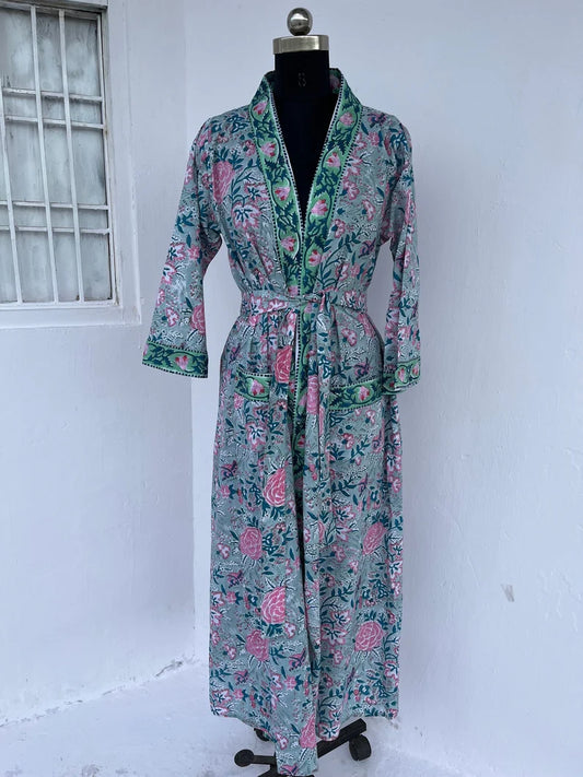 Yellow floral robes | cotton kimono robes | block printed robe | robe with pockets