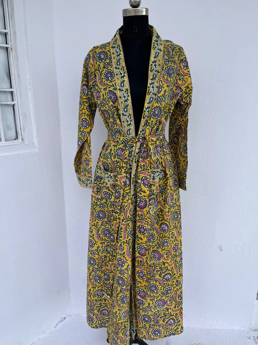 Yellow floral robes | cotton kimono robes | block printed robe | robe with pockets