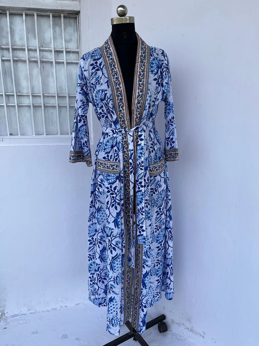 Hand block printed cotton robe | cotton kimono dress | women coverups with belt