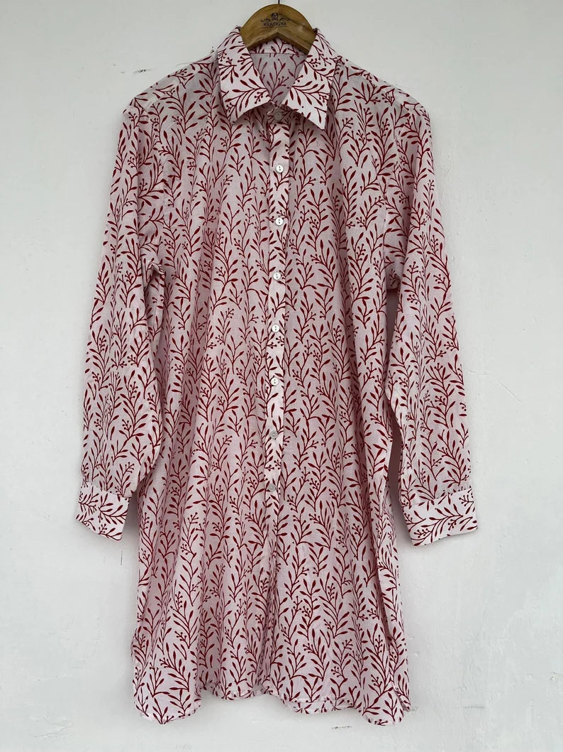 Shirt Mini Dress | Block Printed Short Dress | Cotton Dress | Long Shirt | Red Floral Shirt