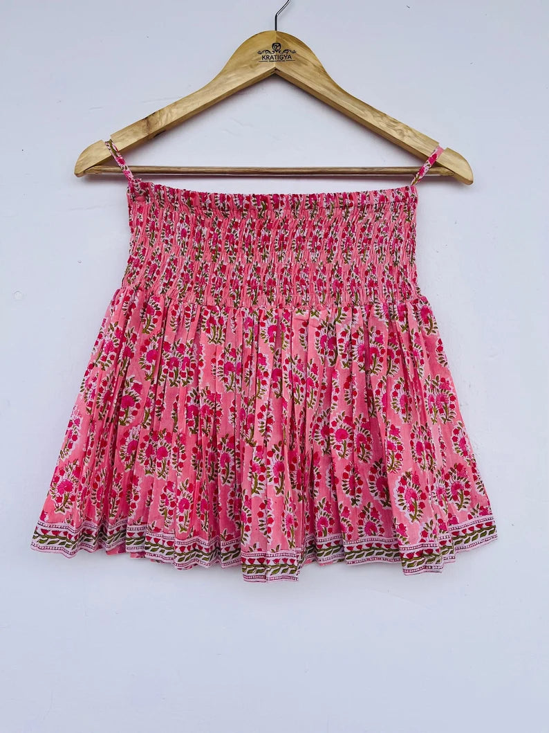 Block printed skirt | cotton short skirts | boho pink printed skirt | tennis skirts | shirred belt skirts